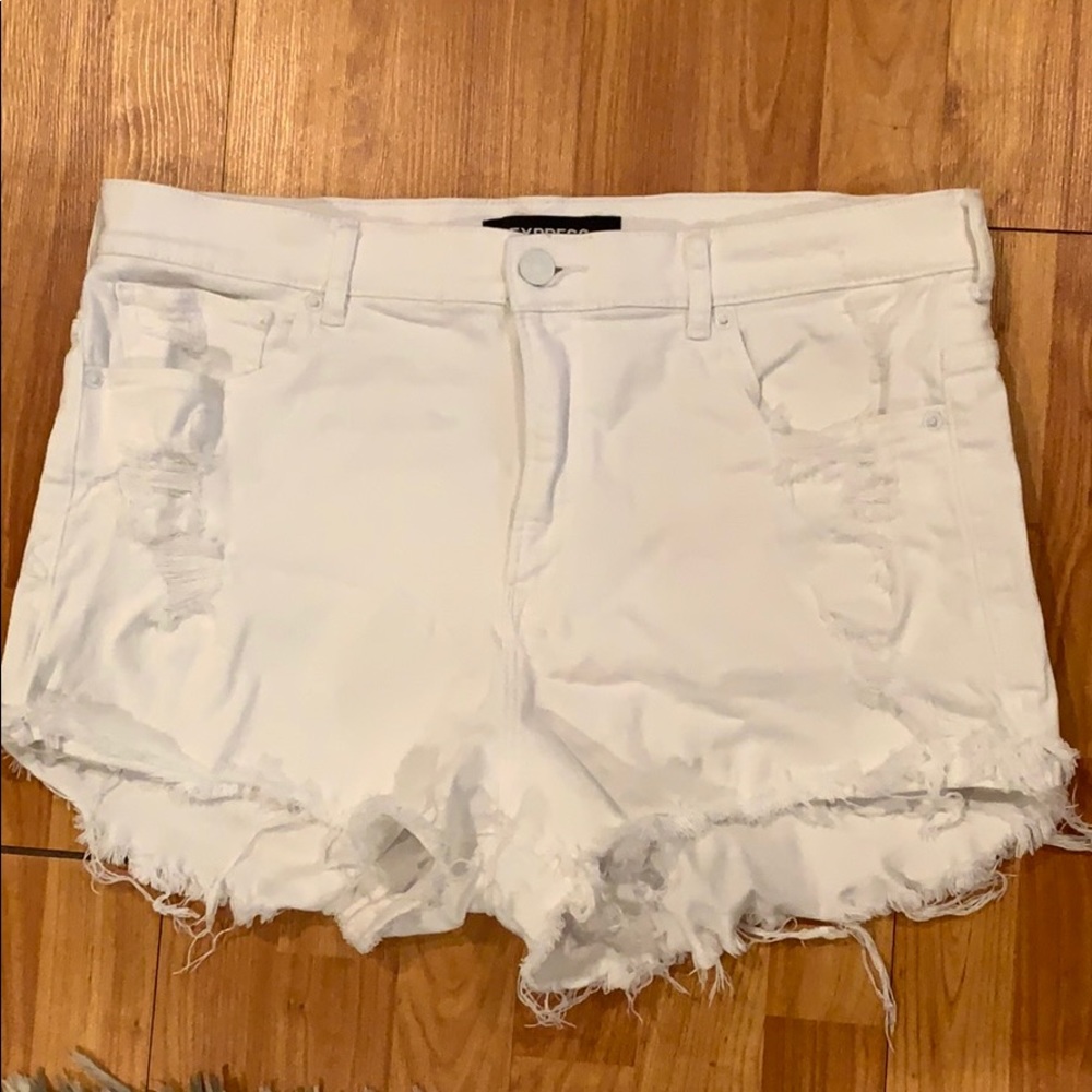 Express High Rise White Distressed Shorts Sz. 16